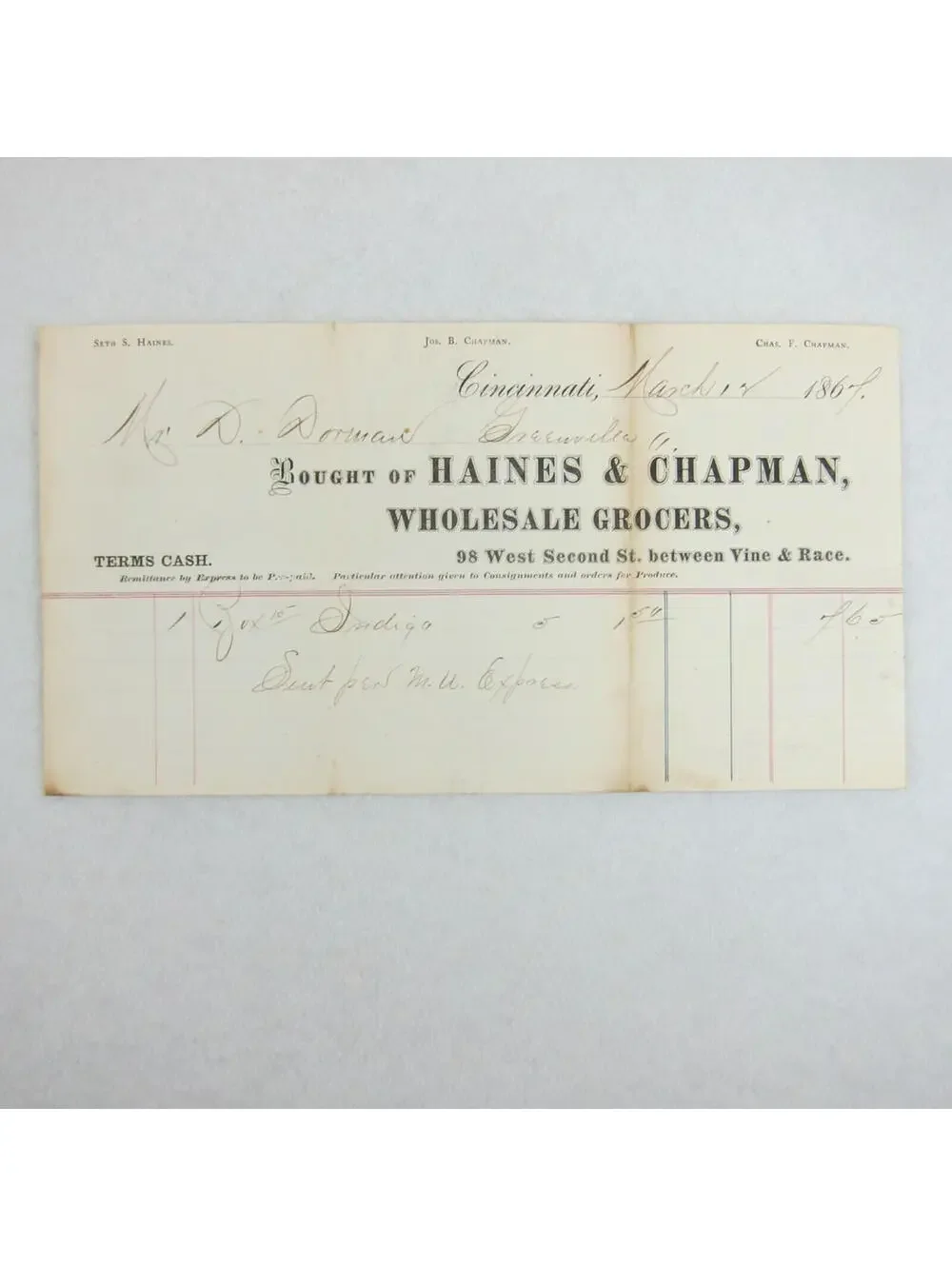 Antique 1867 Haines & Chapman Wholesale Grocer Cincinnati Ohio Receipt Invoice